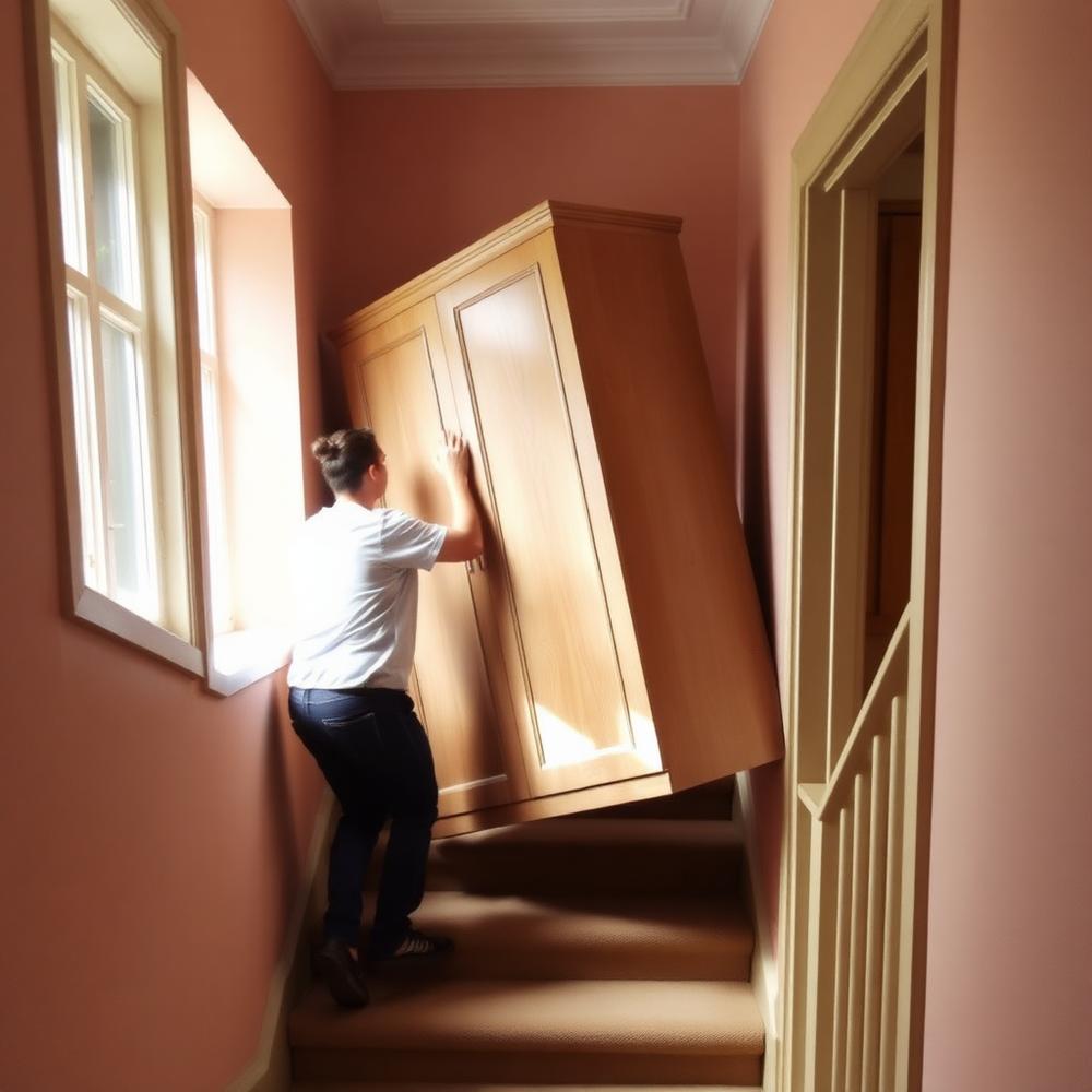 Verhuizer draagt een kast voorzichtig de trap op