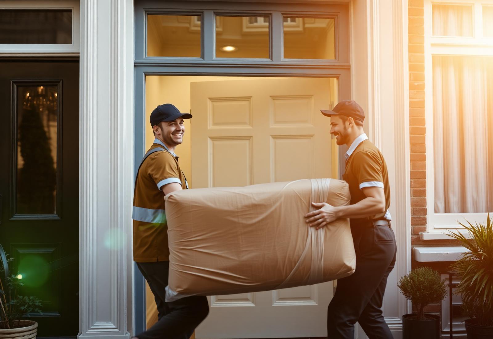 Verhuizers van Excellent Verhuizingen dragen zorgvuldig een ingepakte bank een woning uit